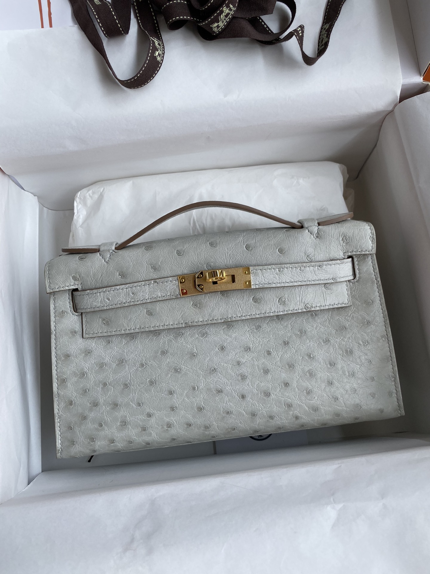 Hermes Mini Kelly Pochette 22cm Bag In Pearl Grey Ostrich Leather